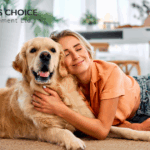 Renter's Choice Pet Program depicted by a woman cuddling her golden retriever