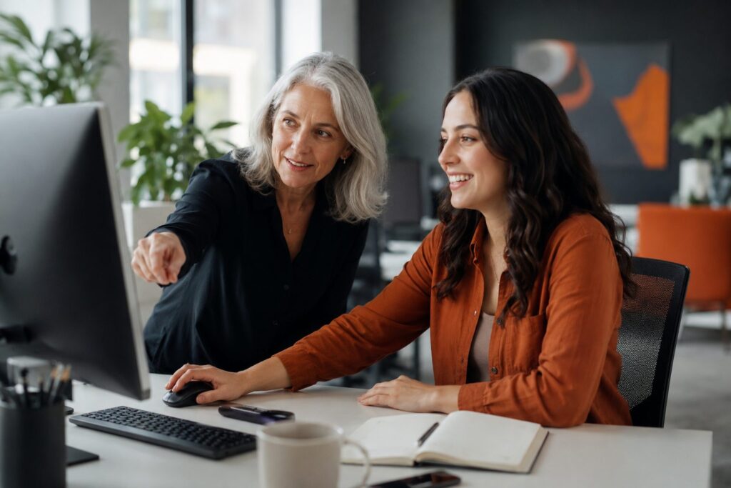 Senior team member mentoring a smiling colleague at a computer in the Renter's Choice office