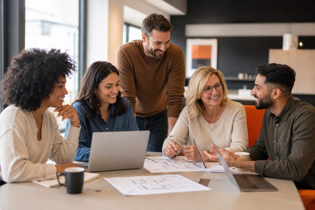 Happy Renter's Choice team members collaborating around a desk in a bright modern office