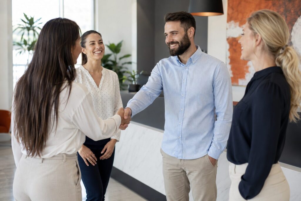 Renter's Choice employees warmly welcoming a new colleague with a handshake